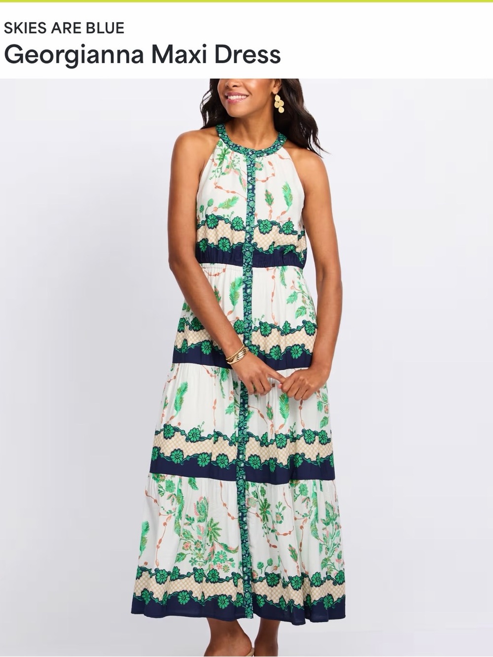 Skies Are Blue White, Green & Navy Floral Halter Maxi Dress - Picture 1 of 12